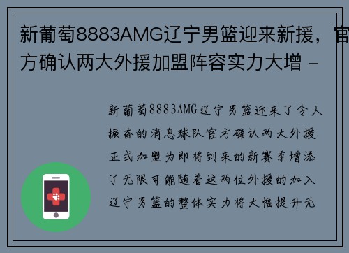 新葡萄8883AMG辽宁男篮迎来新援，官方确认两大外援加盟阵容实力大增 - 副本
