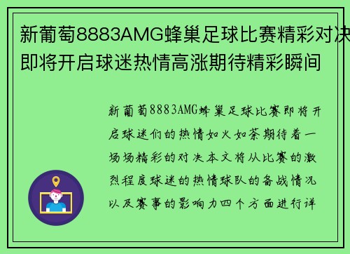 新葡萄8883AMG蜂巢足球比赛精彩对决即将开启球迷热情高涨期待精彩瞬间