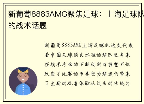新葡萄8883AMG聚焦足球：上海足球队的战术话题