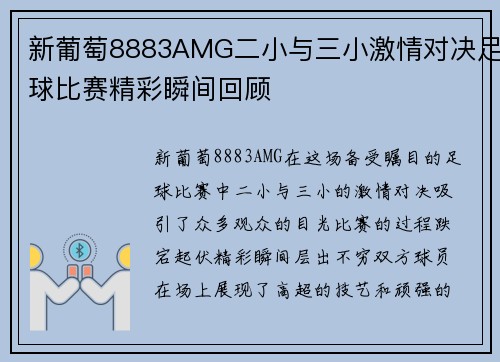新葡萄8883AMG二小与三小激情对决足球比赛精彩瞬间回顾