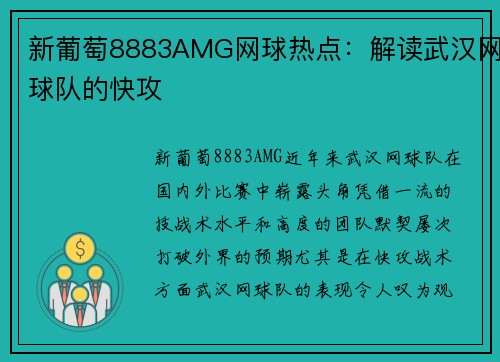 新葡萄8883AMG网球热点：解读武汉网球队的快攻